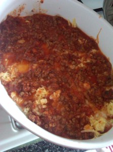 Cheese and meat sauce for the first layer.