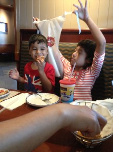 They give kids a bib...and adults too I think...Look at The Man reaching for them biscuits!