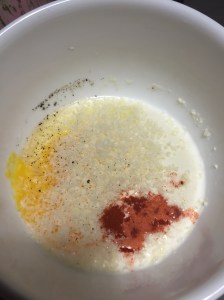 Two eggs, a splash of milk, tiny bit of salt, a grind of black pepper, half teaspoon of smoked paprika and plenty of shaved parmesan cheese. 